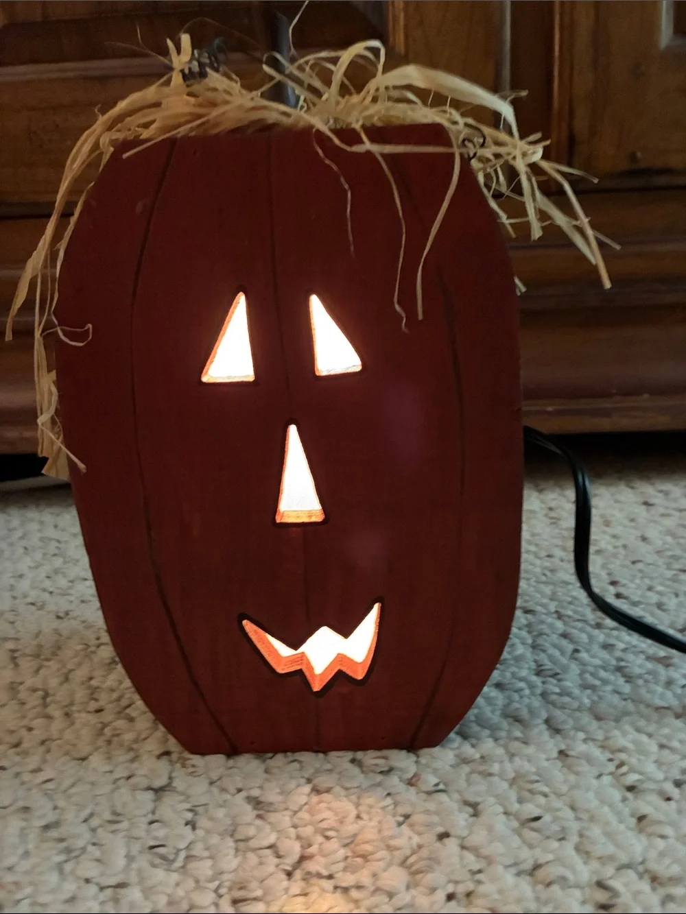 Halloween Red Wooden Jack-O'-Lantern Table Light